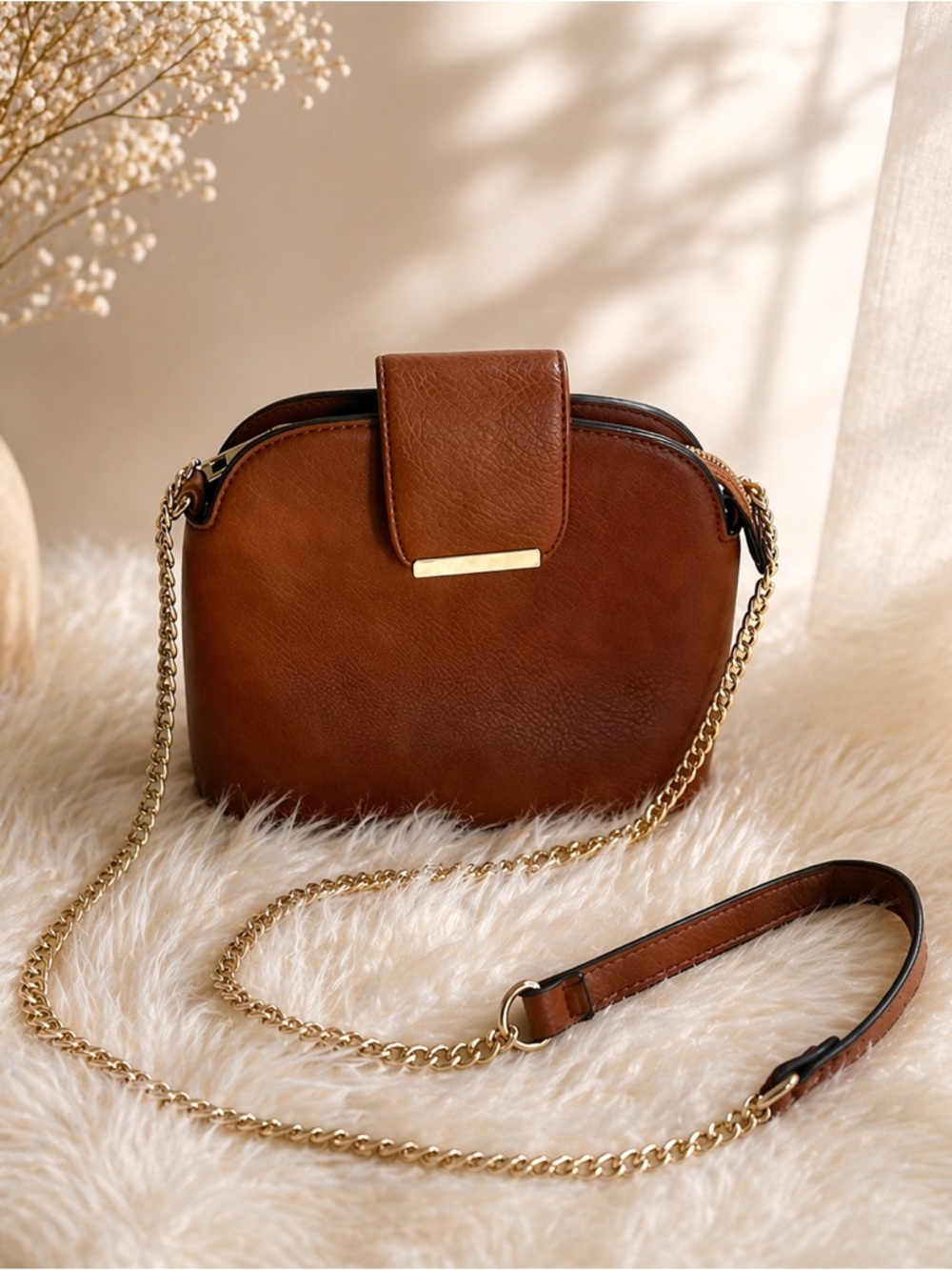 Brown Crossbody Bag Gold Chain Strap Small Faux Leather Minimalist Chic